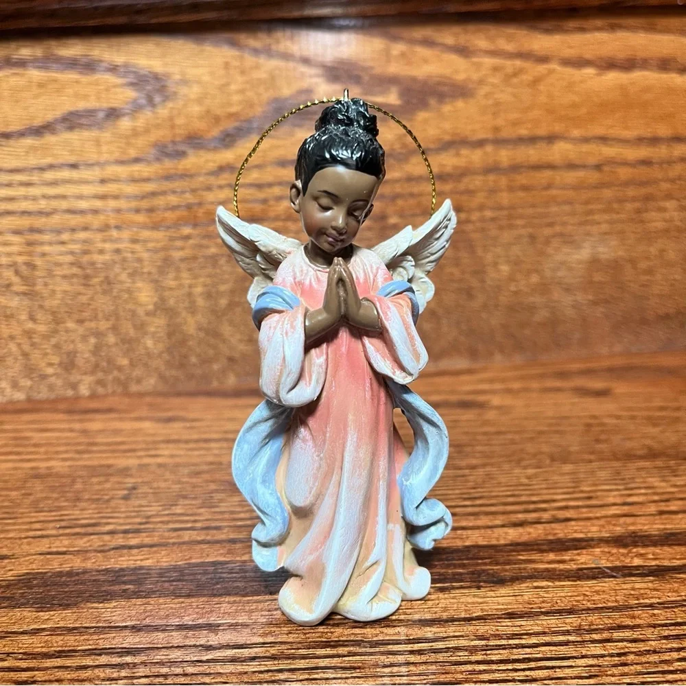 African American Girl Praying Hands Pink Holiday Christmas Tree Ornament